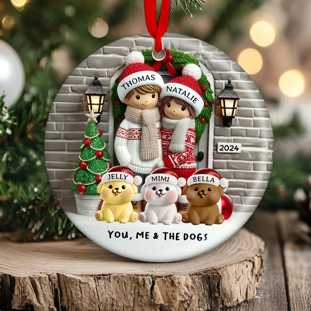 Ceramic Ornament Couple with Dogs at Festive Doorway, cozy tree-ready décor,perfect Christmas gift for pet-loving families - Image 2
