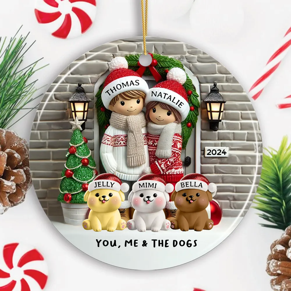 Ceramic Ornament Couple with Dogs at Festive Doorway, cozy tree-ready décor,perfect Christmas gift for pet-loving families - Image 4