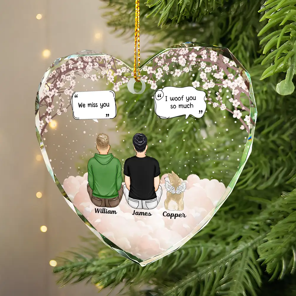 Heart Crystal Ornament with woman and angel dog in clouds, a touching memorial gift for pet lovers - Image 2