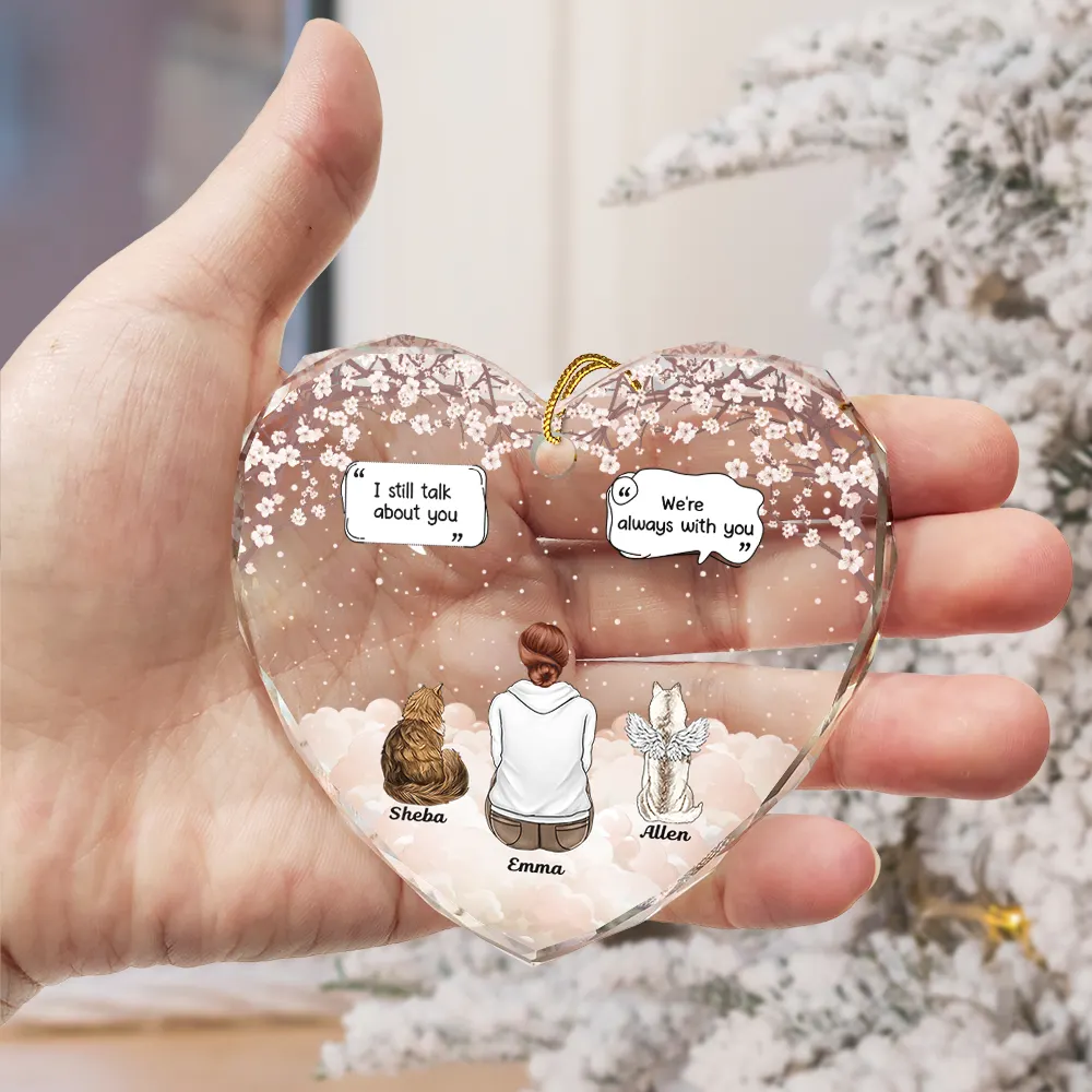 Heart Crystal Ornament with woman and angel dog in clouds, a touching memorial gift for pet lovers - Image 3