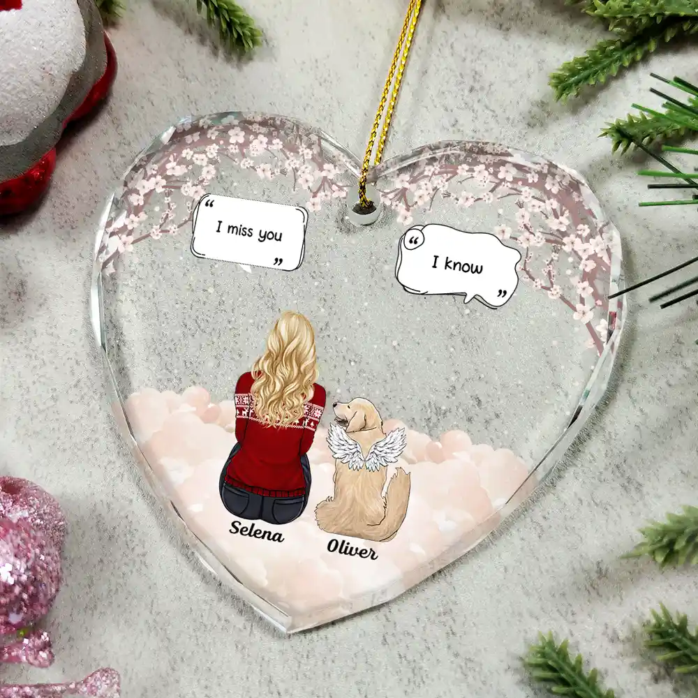 Heart Crystal Ornament with woman and angel dog in clouds, a touching memorial gift for pet lovers - Image 4