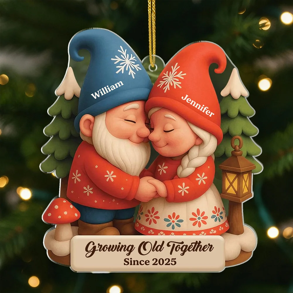 Acrylic Ornament, Cozy Gnome Couple Hugging on Christmas Tree, Romantic Keepsake, a Unique Gift for Couples