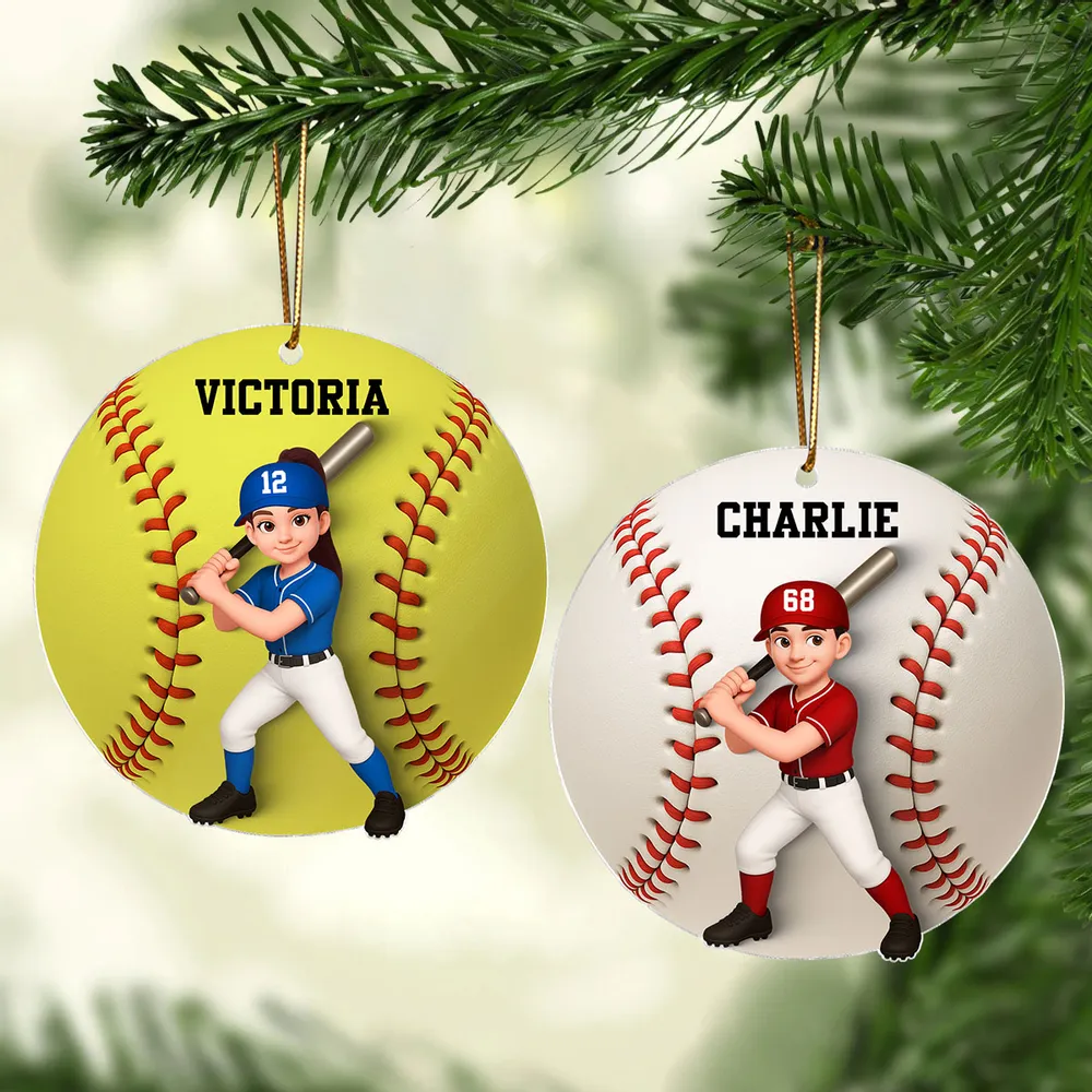 Baseball Softball Girl Boy 3D Effect - Personalized Acrylic Ornament - Image 2