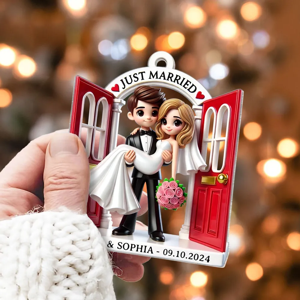 Personalized Acrylic Just Married Couple Ornament | Red Doorway Bride & Groom Carry | Customizable Date & Names - Image 5