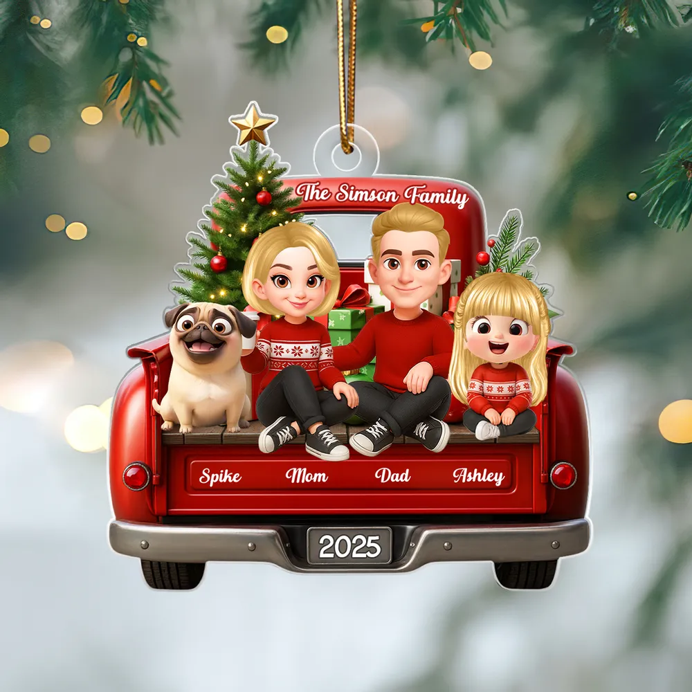 Acrylic Ornament — red truck Christmas family with tree & pup, cheerful décor for mantel or tree, sentimental keepsake, perfect gift