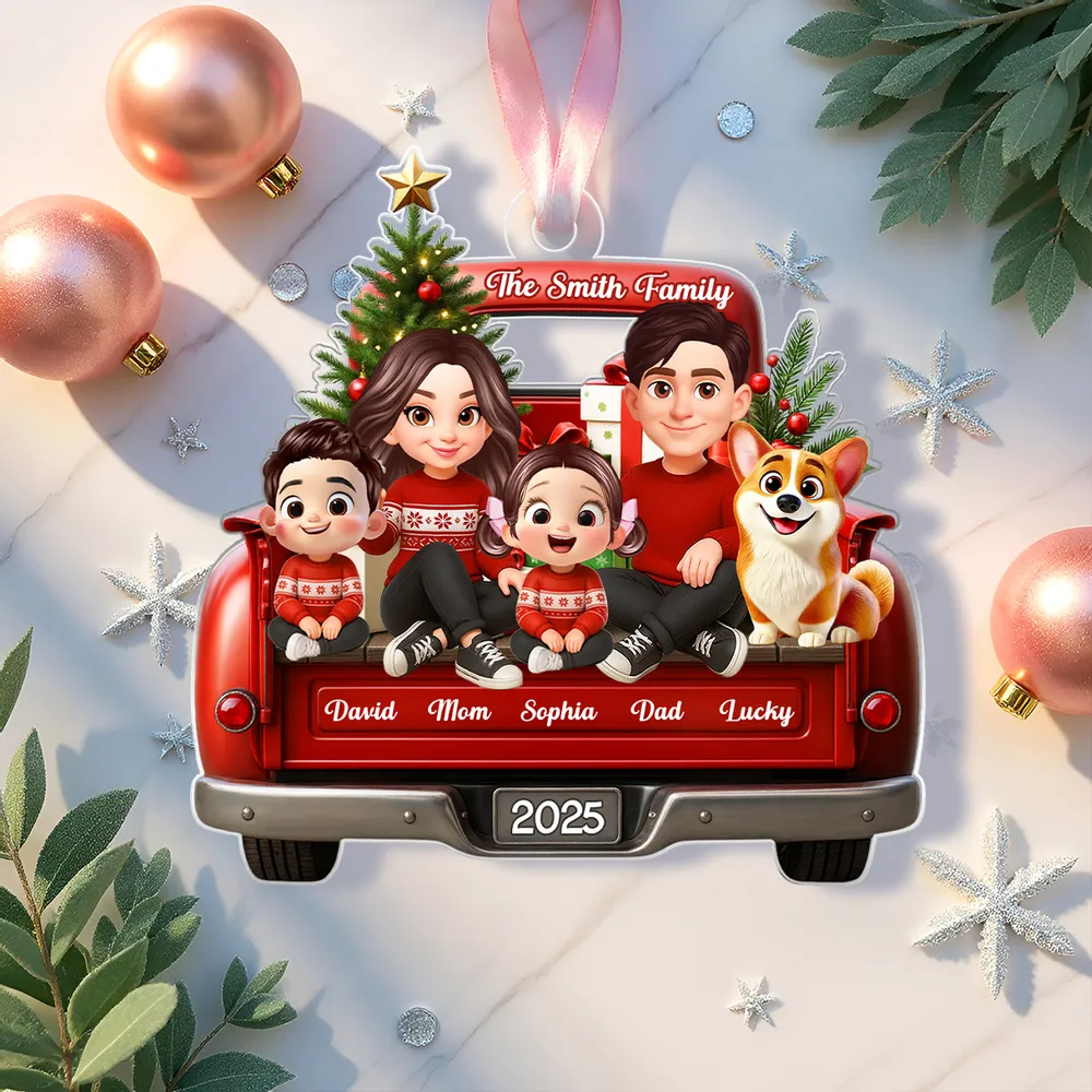 Acrylic Ornament — red truck Christmas family with tree & pup, cheerful décor for mantel or tree, sentimental keepsake, perfect gift - Image 2