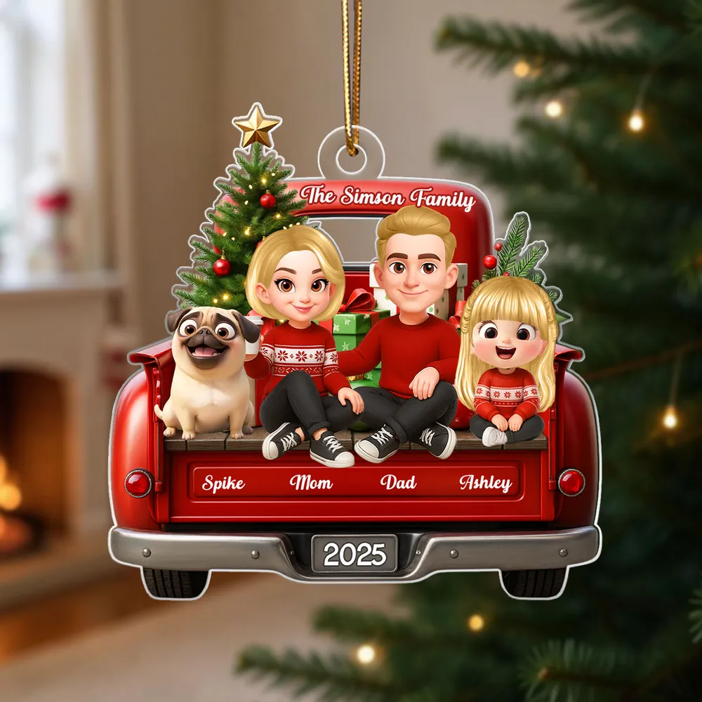 Acrylic Ornament — red truck Christmas family with tree & pup, cheerful décor for mantel or tree, sentimental keepsake, perfect gift - Image 4