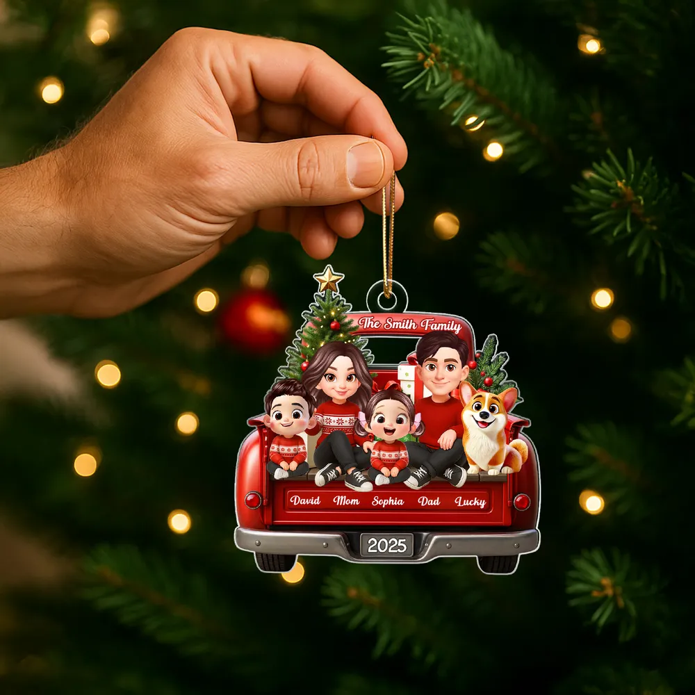 Acrylic Ornament — red truck Christmas family with tree & pup, cheerful décor for mantel or tree, sentimental keepsake, perfect gift - Image 7