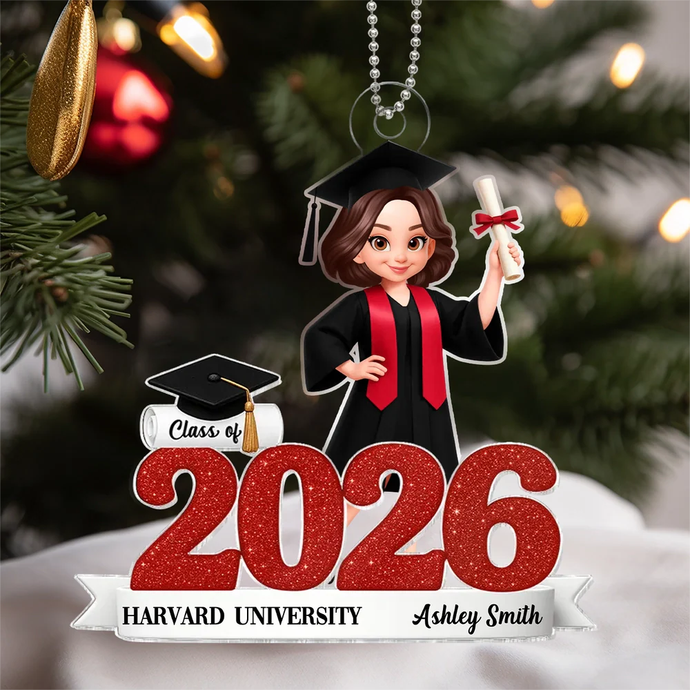 Graduation Acrylic Ornament, red glitter design with cap & diploma, celebrate achievement, perfect graduation gift keepsake