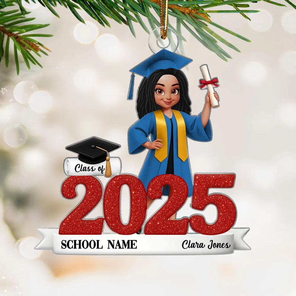 Graduation Acrylic Ornament, red glitter design with cap & diploma, celebrate achievement, perfect graduation gift keepsake - Image 2