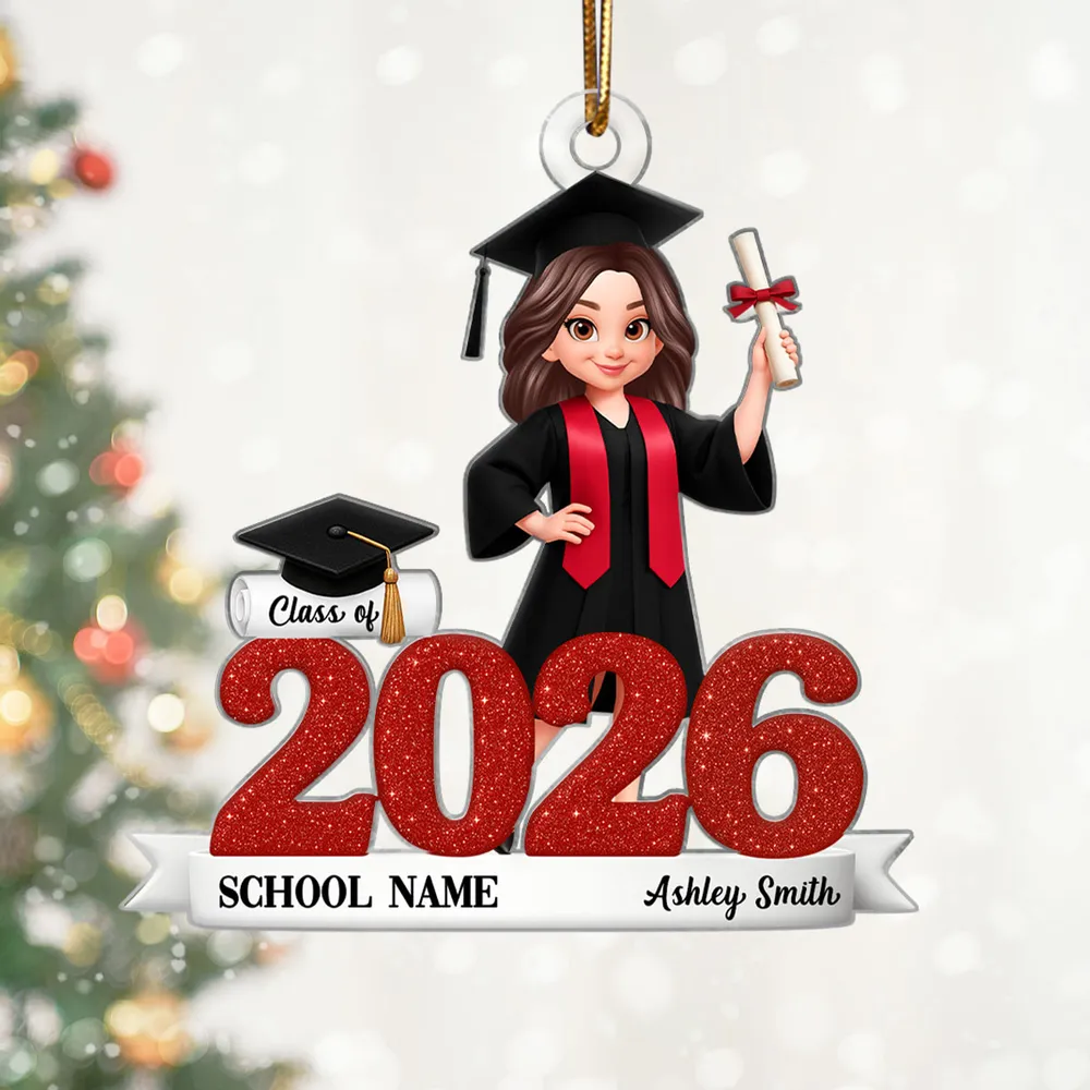 Graduation Acrylic Ornament, red glitter design with cap & diploma, celebrate achievement, perfect graduation gift keepsake - Image 6