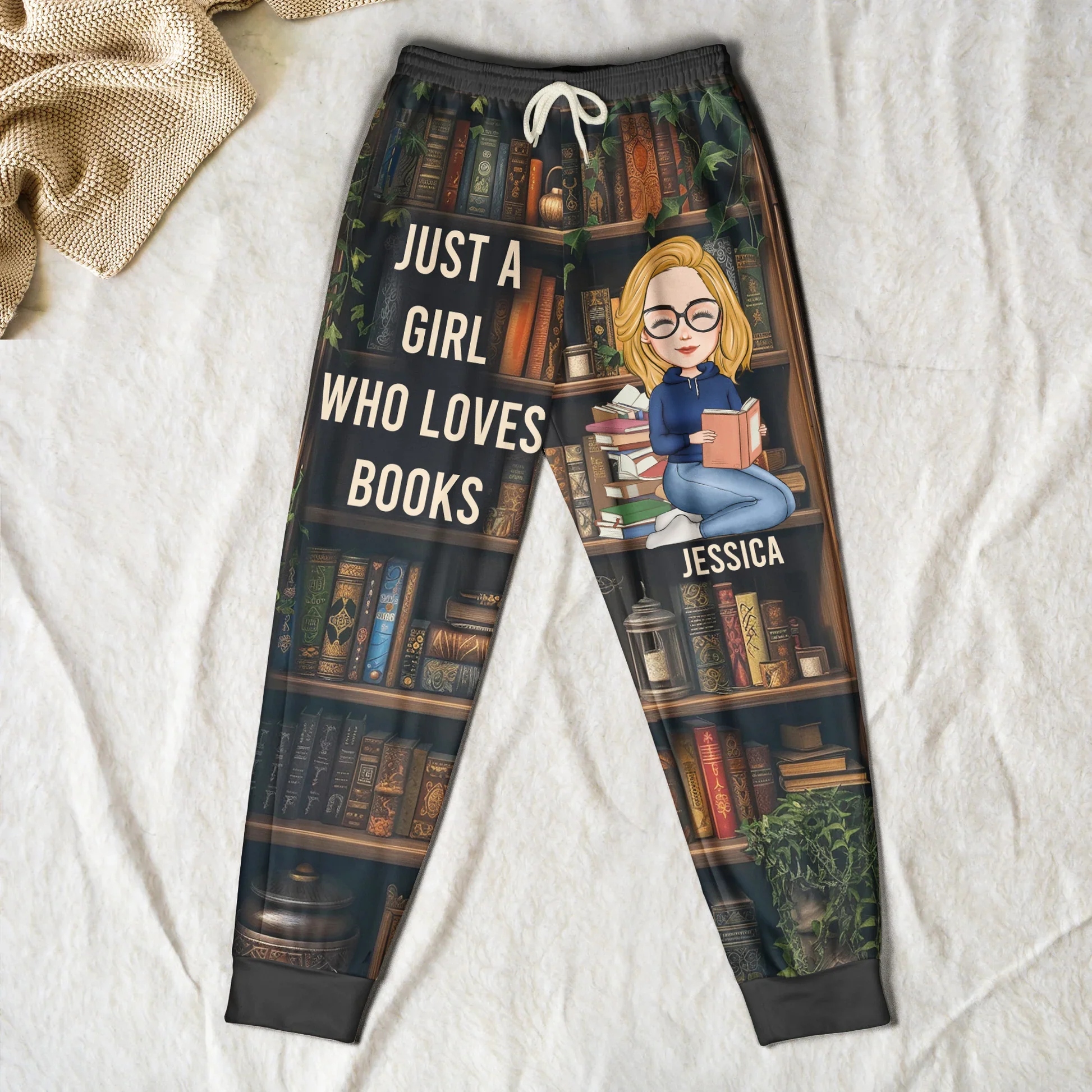 Book Lover Women's Sweatpants with cozy bookshelf art, optional personalization, perfect gift for readers at home or the library
