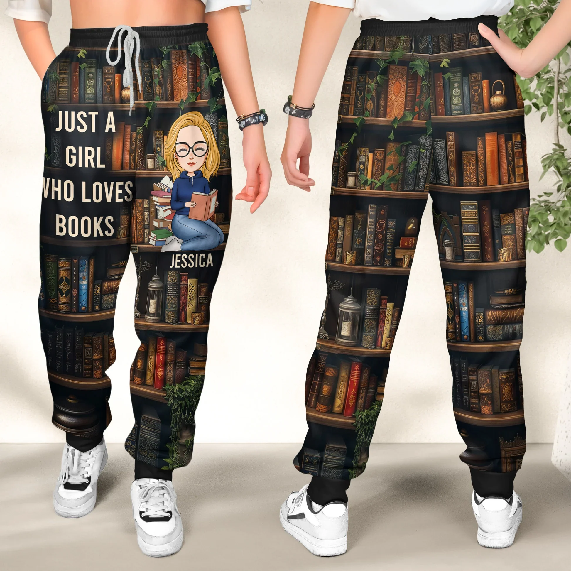 Book Lover Women's Sweatpants with cozy bookshelf art, optional personalization, perfect gift for readers at home or the library - Image 3