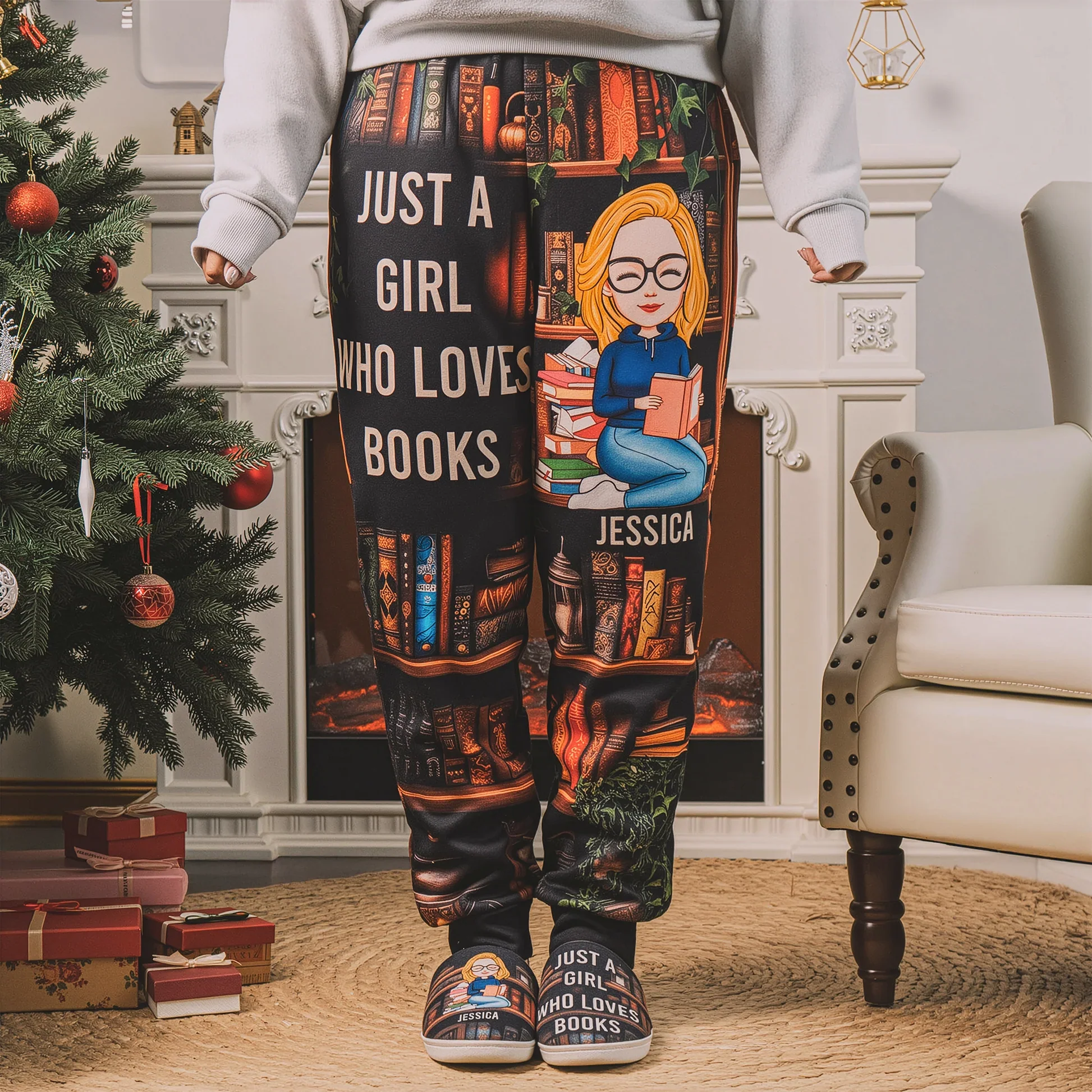Book Lover Women's Sweatpants with cozy bookshelf art, optional personalization, perfect gift for readers at home or the library - Image 5