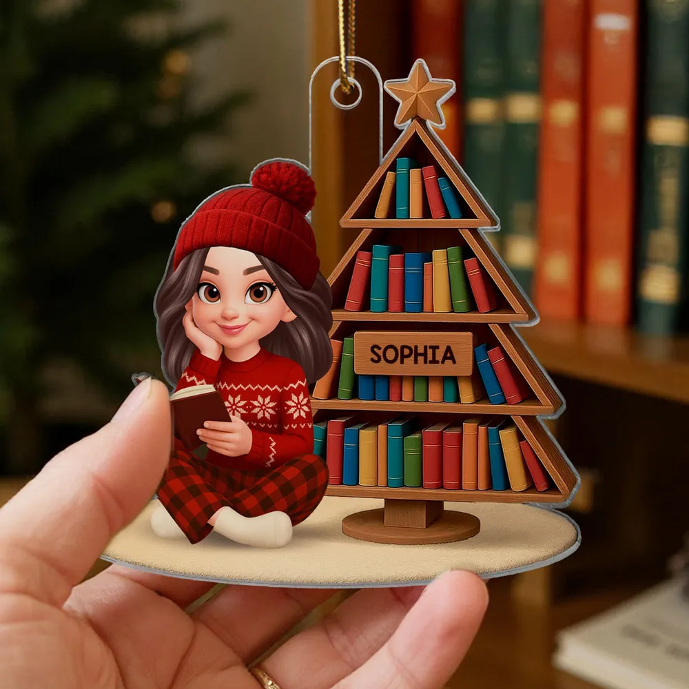 Book Lover Girl Acrylic Ornament – Cozy Holiday Gift for Readers, Festive Tree Decoration - Image 3