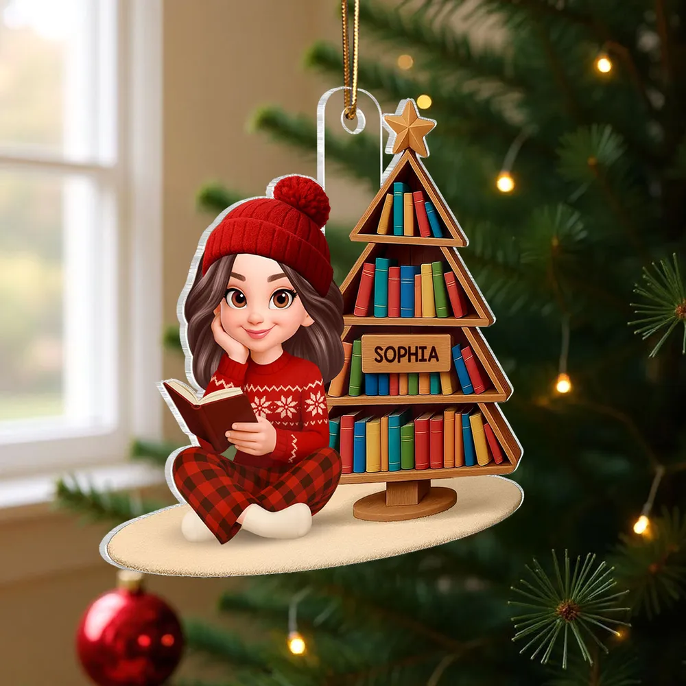 Book Lover Girl Acrylic Ornament – Cozy Holiday Gift for Readers, Festive Tree Decoration - Image 5