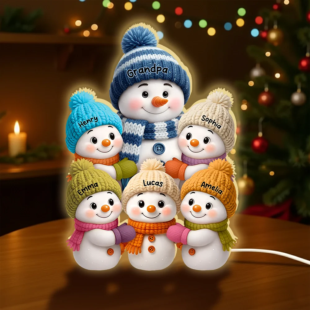 Snowman Grandpa with Kids Acrylic Light Box, glowing family scene with cozy winter lights, perfect Christmas gift for grandparents