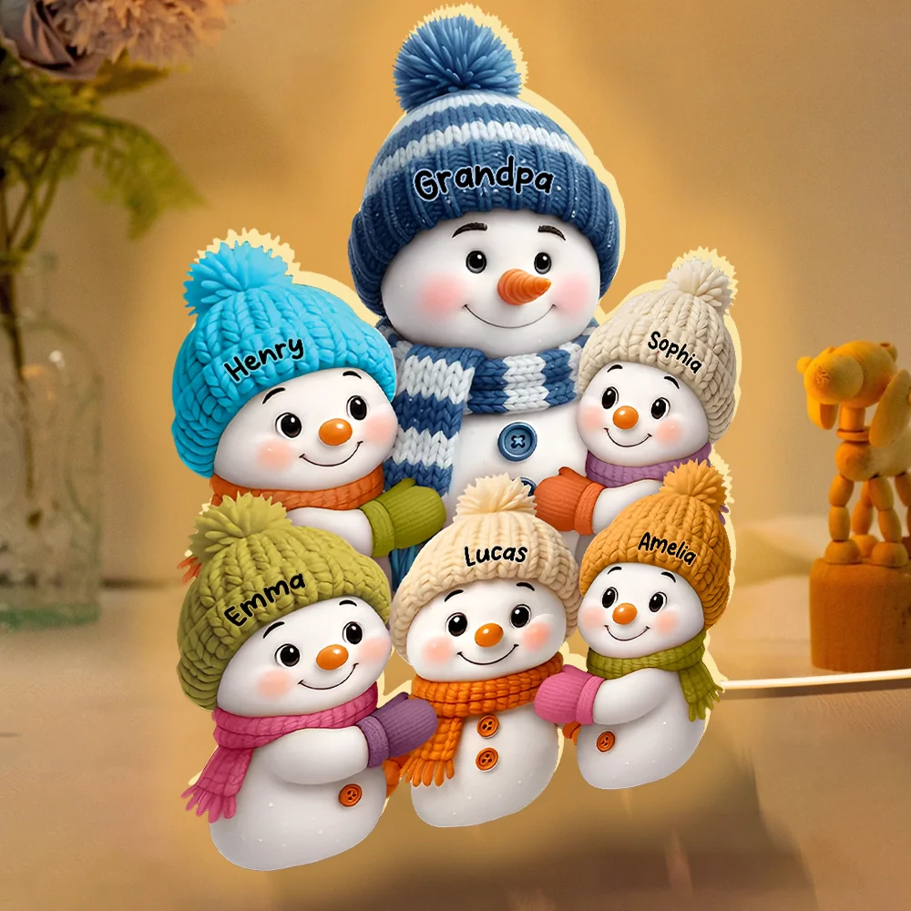 Snowman Grandpa with Kids Acrylic Light Box, glowing family scene with cozy winter lights, perfect Christmas gift for grandparents - Image 2