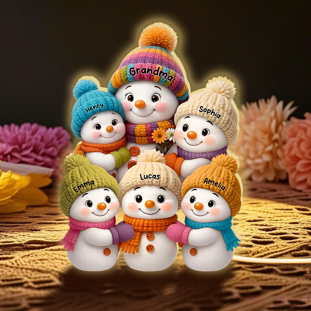 Snowman Grandma with Kids Acrylic Light Box, glowing winter family scene, heartwarming Christmas décor and perfect gift for grandma