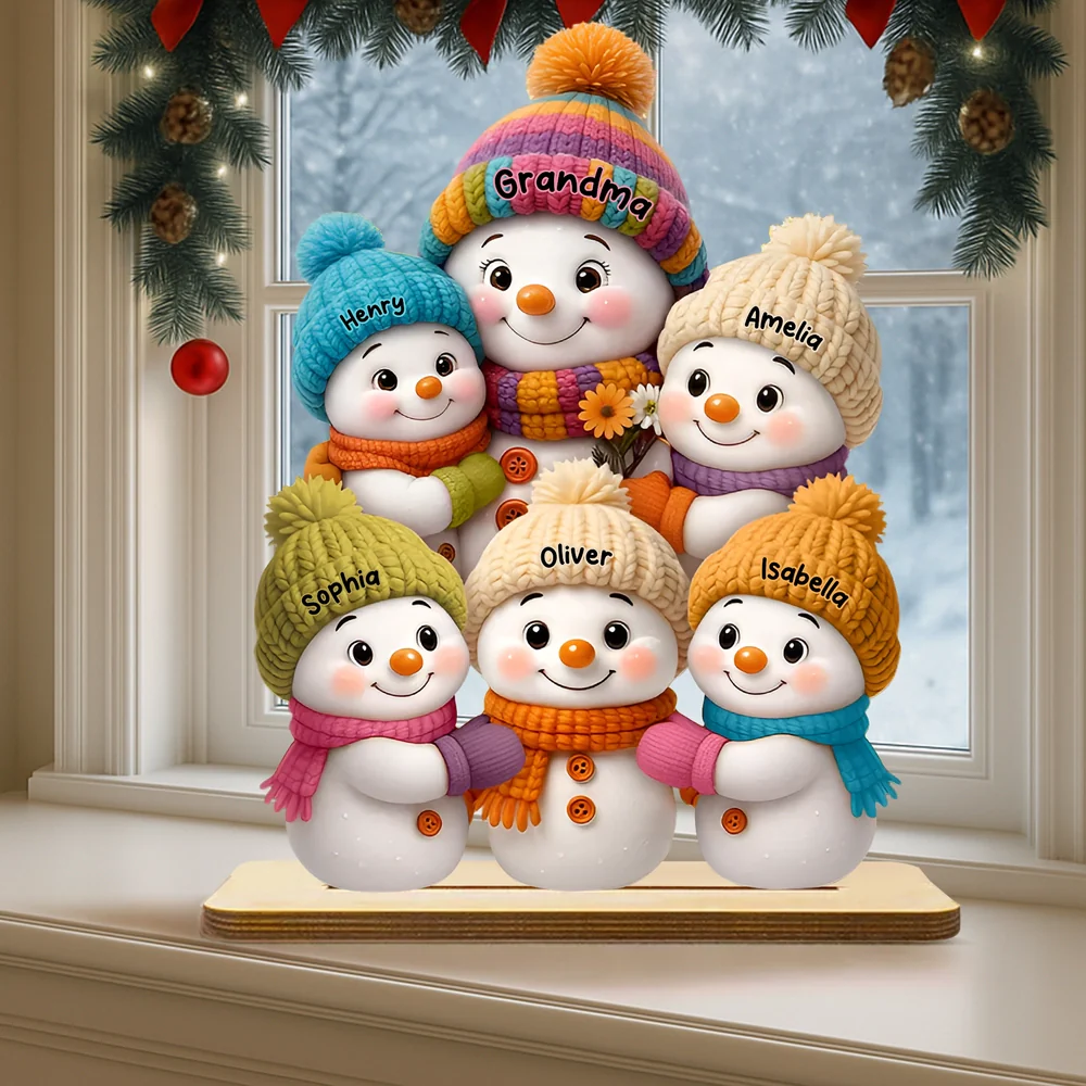 Custom Snowman Grandma & Kids Wood Plaque - Holiday Gift for Grandparents
