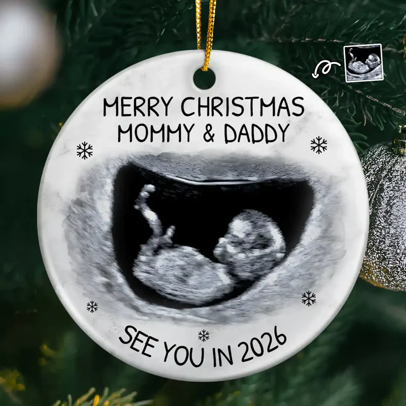 Christmas Ultrasound Ceramic Ornament for Mom and Dad, baby announcement keepsake for the tree, a heartfelt holiday gift. - Image 7