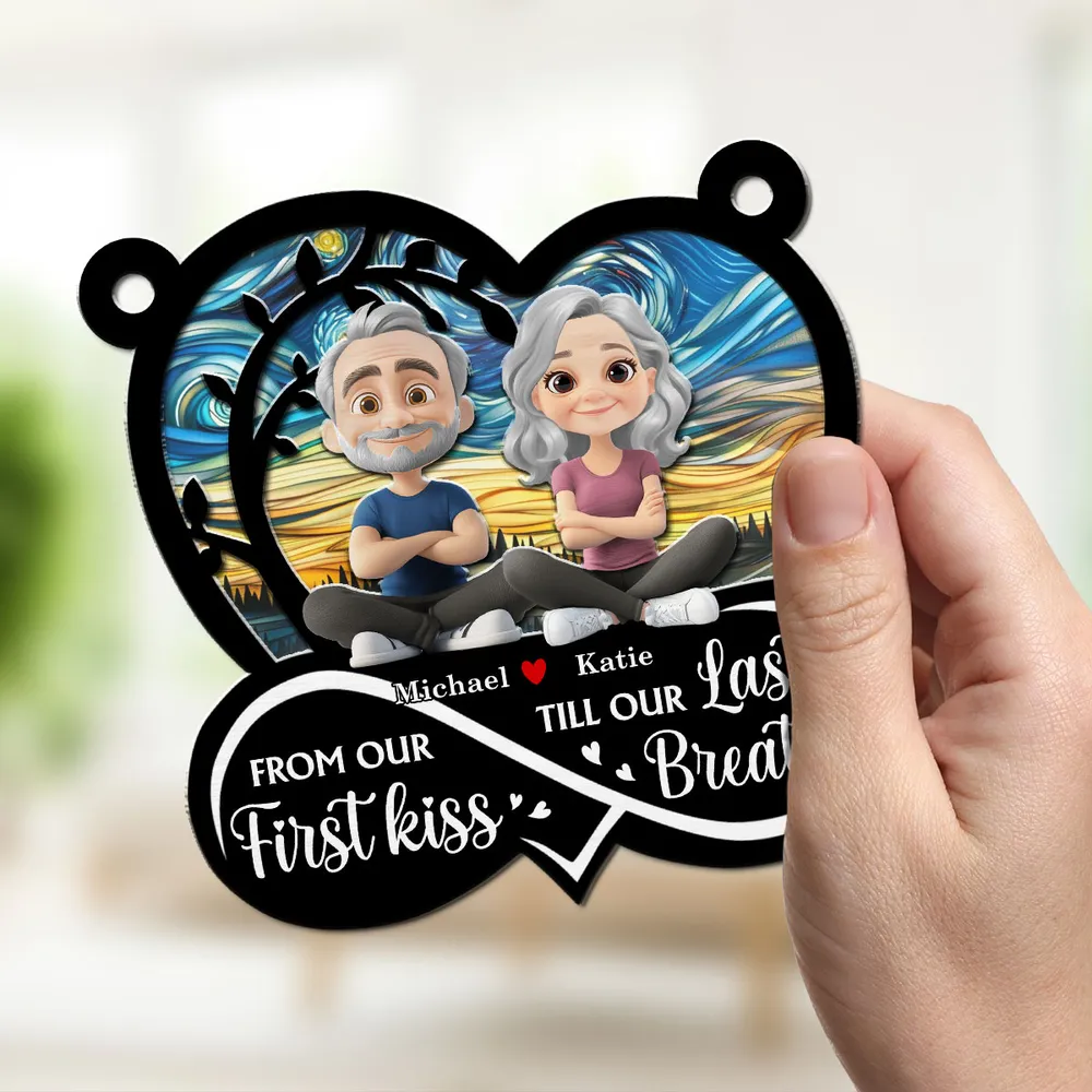 Personalized "First Kiss Till Last Breath" Couple Silhouette Heart Ornament | Custom Wood Acrylic Anniversary Gift - Image 3