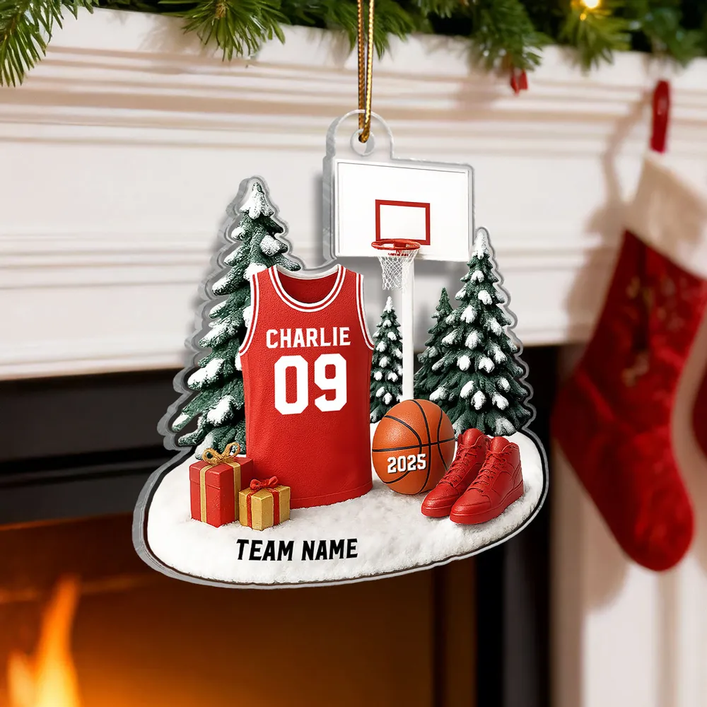 Basketball Acrylic Ornament for Christmas Tree, customizable details, snowy court scene, perfect gift for players, fans, and coaches - Image 2