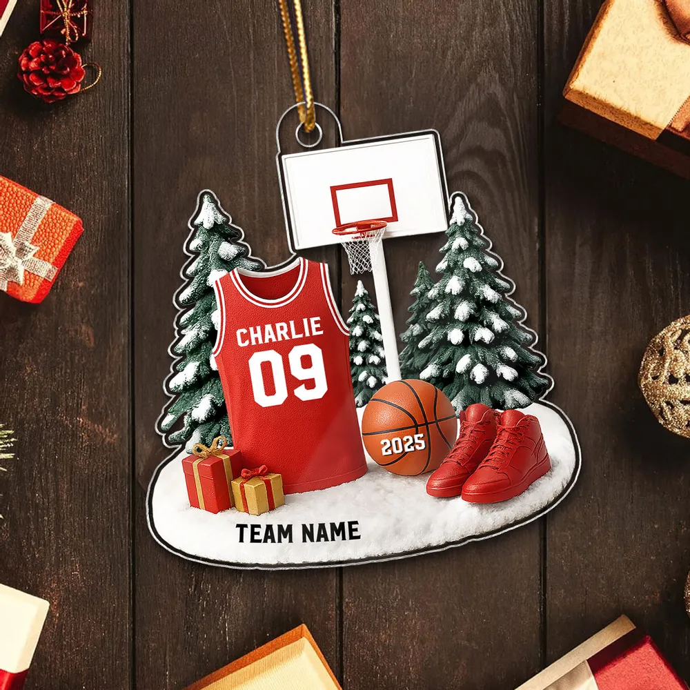 Basketball Acrylic Ornament for Christmas Tree, customizable details, snowy court scene, perfect gift for players, fans, and coaches - Image 5