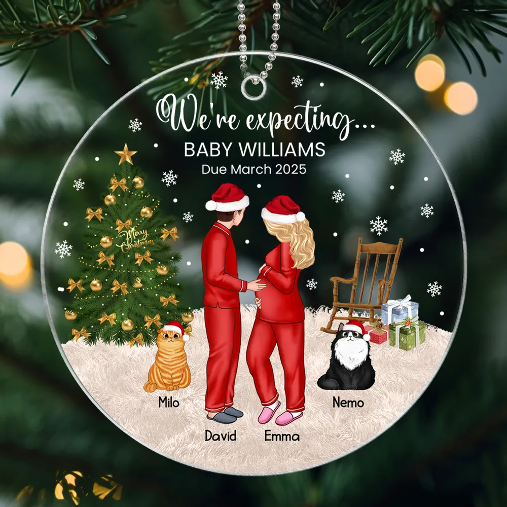 Acrylic Ornament, Expecting Couple by Christmas Tree, Cute Illustration, Unique Gift for Mom-to-Be & New Parents - Image 2