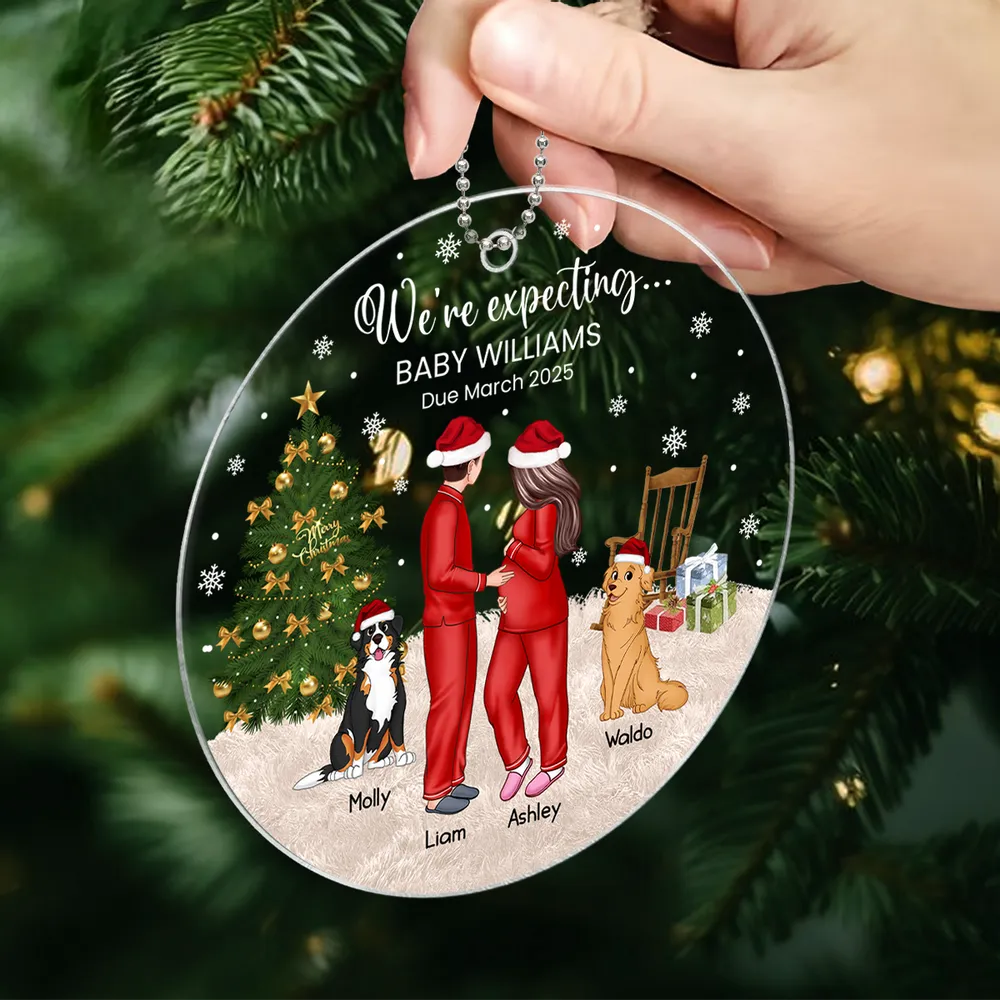 Acrylic Ornament, Expecting Couple by Christmas Tree, Cute Illustration, Unique Gift for Mom-to-Be & New Parents - Image 3