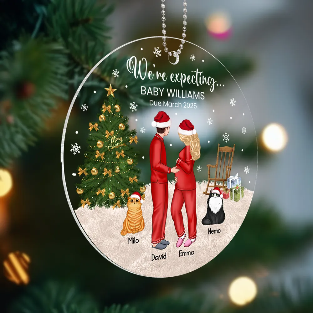 Acrylic Ornament, Expecting Couple by Christmas Tree, Cute Illustration, Unique Gift for Mom-to-Be & New Parents - Image 5