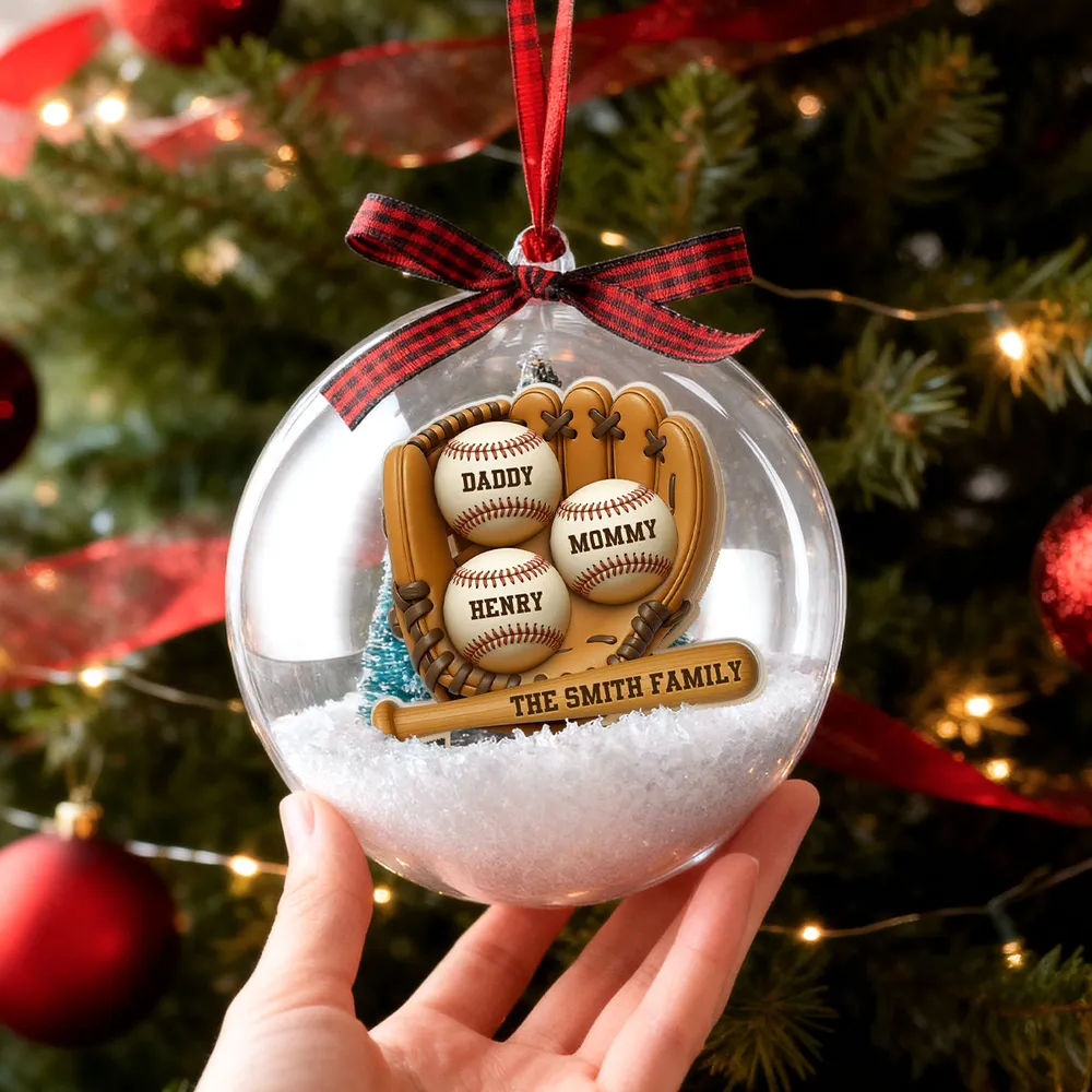Snow Globe Ornament with Baseball Glove & Softball, Custom Family Keepsake for the Tree, Unique Holiday Gift for Sports Fans - Image 2