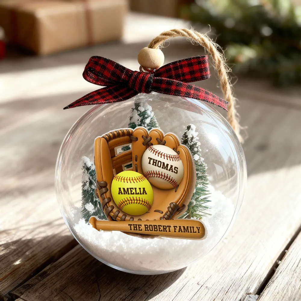 Snow Globe Ornament with Baseball Glove & Softball, Custom Family Keepsake for the Tree, Unique Holiday Gift for Sports Fans - Image 4