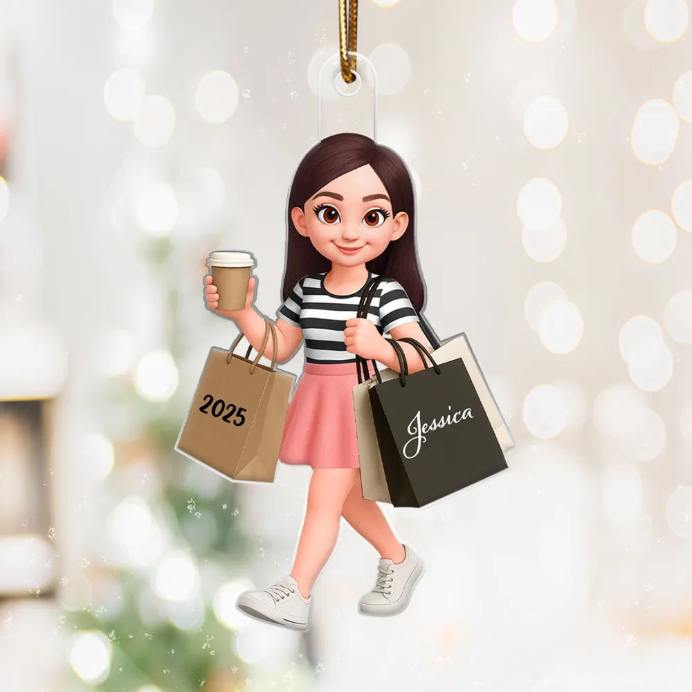 Ornament - Personalized Cute Shopper with Coffee, Cartoon, Easy to Hang, Unique Gift for Best Friend or Daughter - Image 2