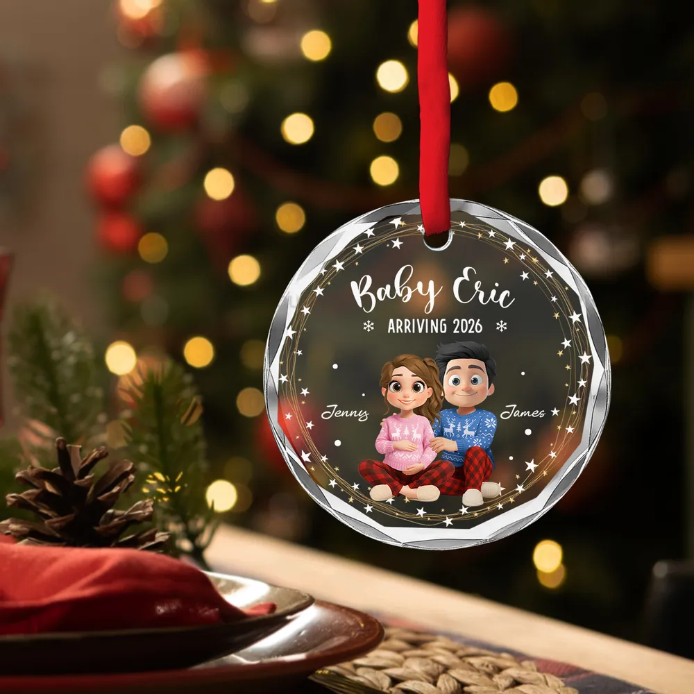 Crystal Ornament for Baby Announcement with cute couple illustration, heartwarming keepsake and perfect family gift - Image 6