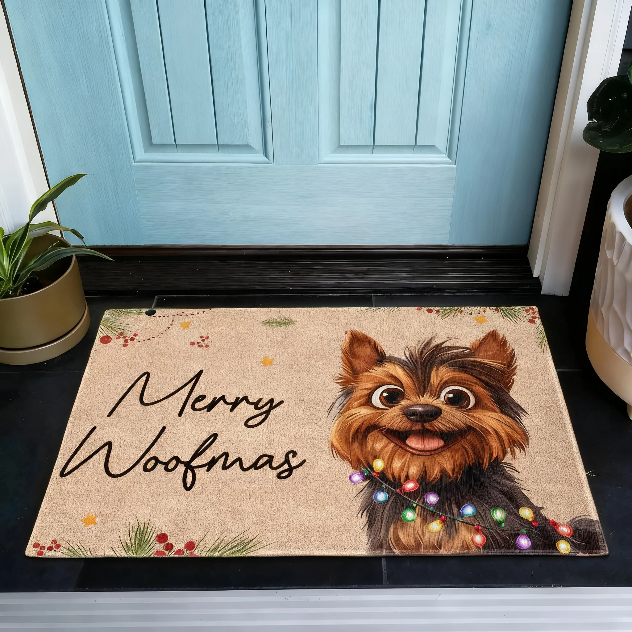 Yorkie Christmas Doormat | Cheerful Holiday Lights Design, Gift-Ready Mat for Pet Families - Image 2