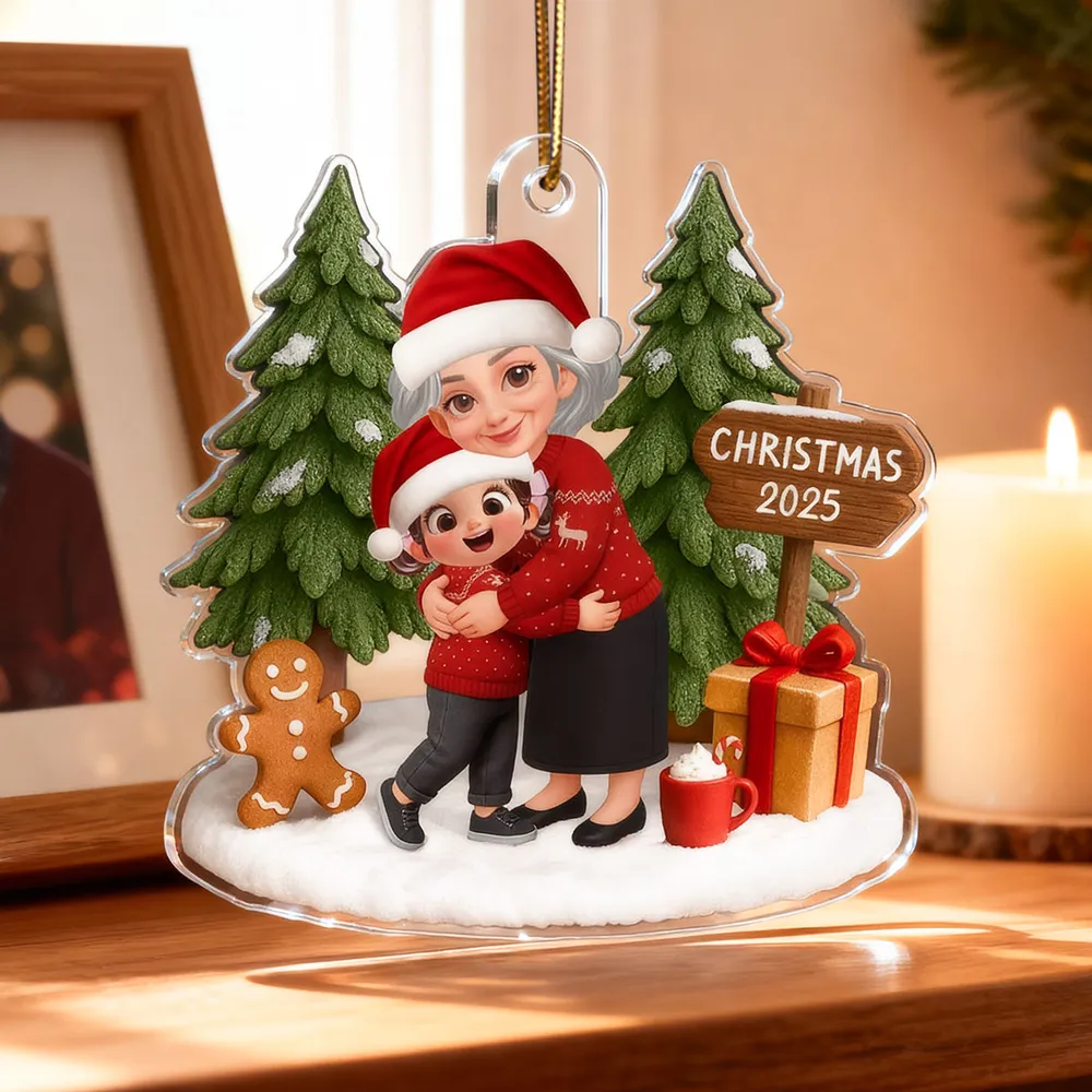 Acrylic Ornament Featuring Grandma & Granddaughter Hug, Christmas Tree Scene, Clear Print, Perfect Holiday Gift - Image 6