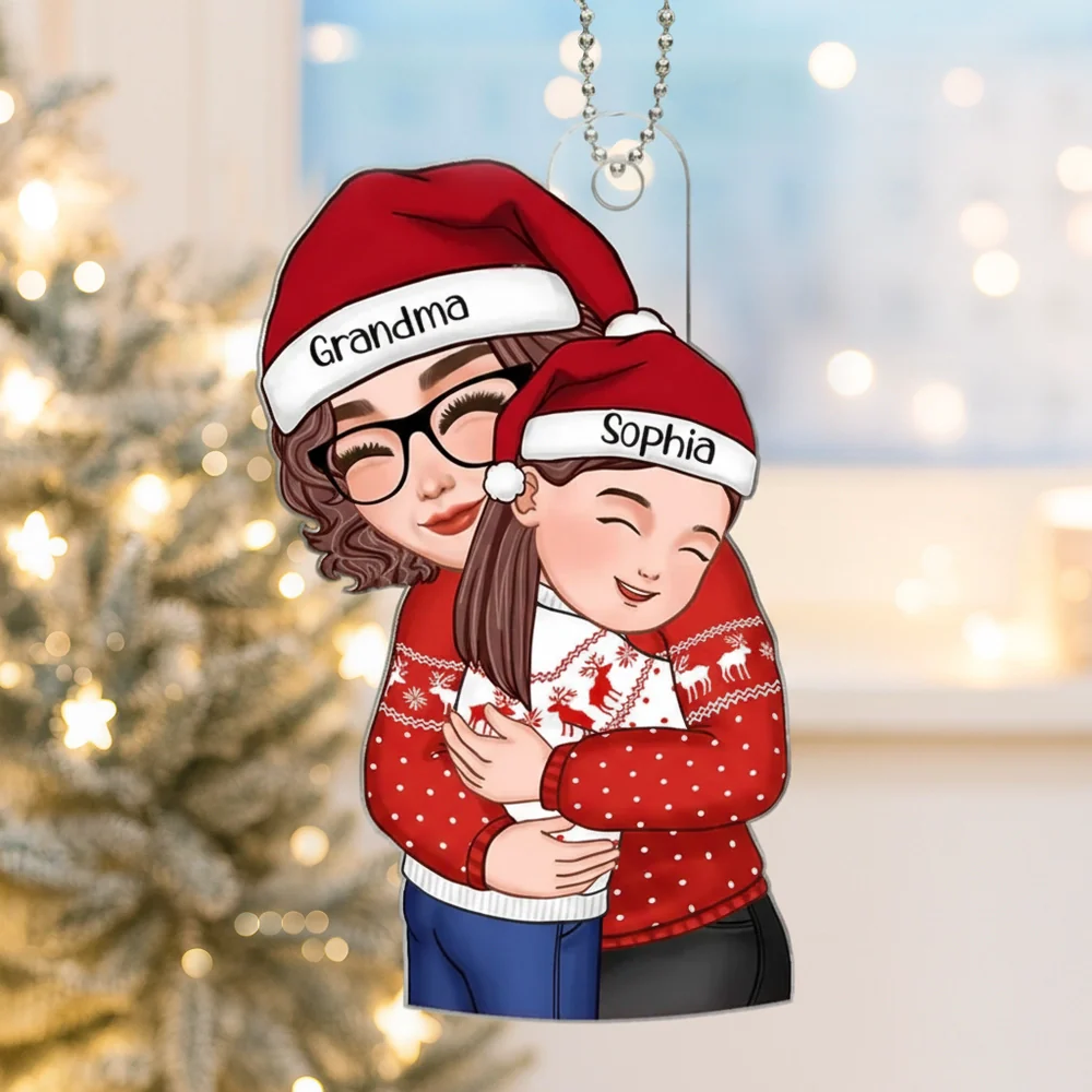 Acrylic Ornament with Grandma & Granddaughter Hug Design, Christmas Sweater Style, Clear Print, Perfect Holiday Gift