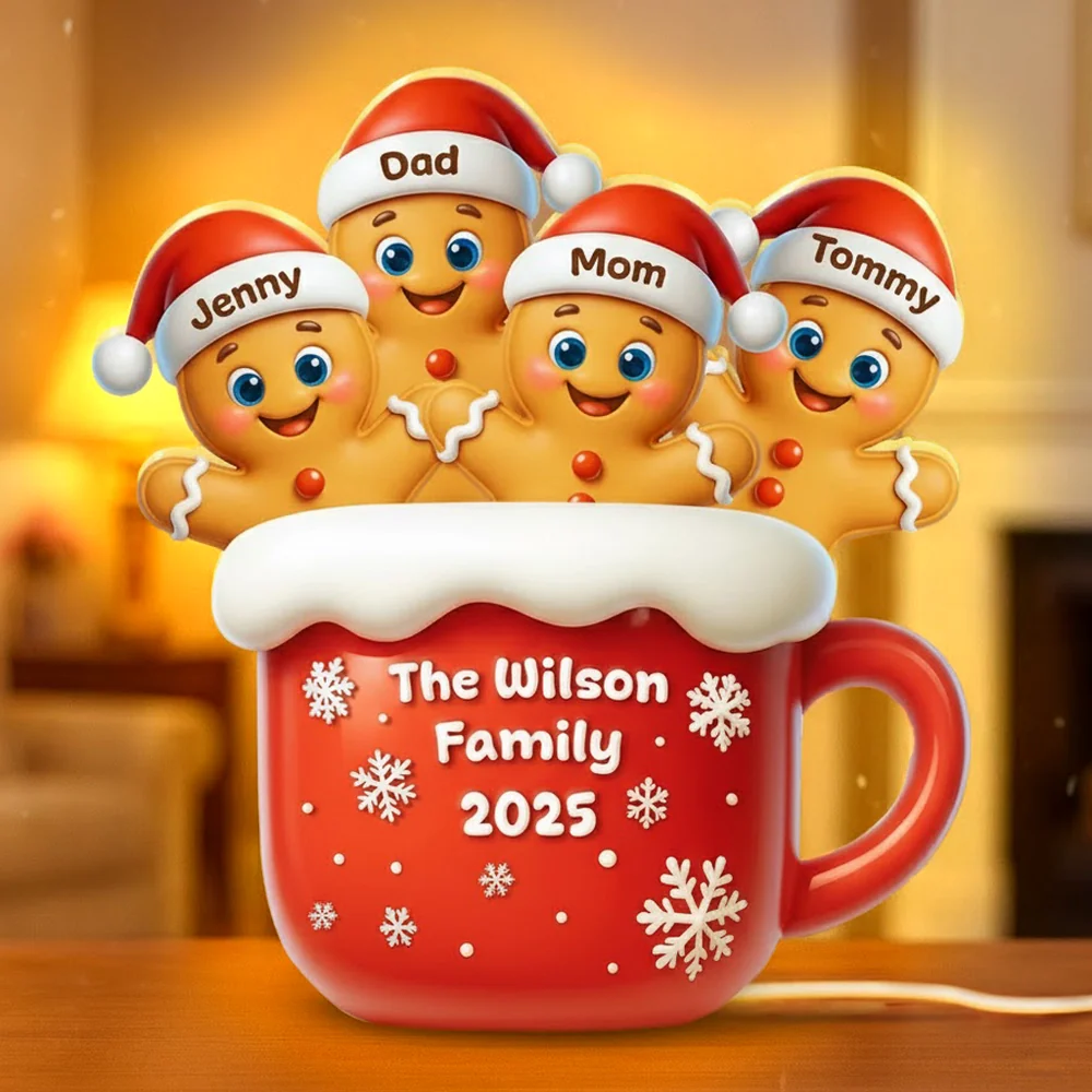 Personalized Family Gingerbread Light-Up Decor β Custom Names, Family Name & Year on Festive Mug β Heartwarming Christmas Gift