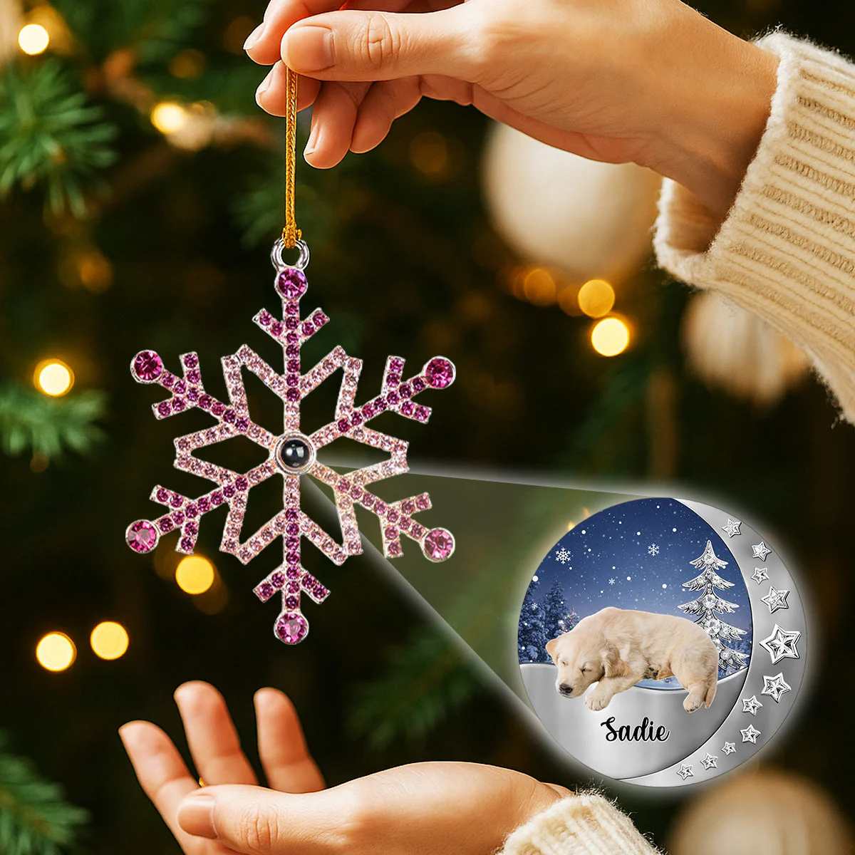 Photo Projection Ornament Crystal Snowflake, Pet Photo Keepsake with Snowy Night Scene, unique gift for pet parents - Image 2
