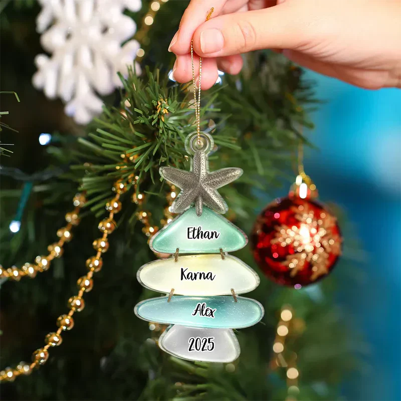 Acrylic Ornament, Personalized Sea-Glass Tree for Christmas Decor, Coastal Aqua Glow, a unique family gift - Image 3