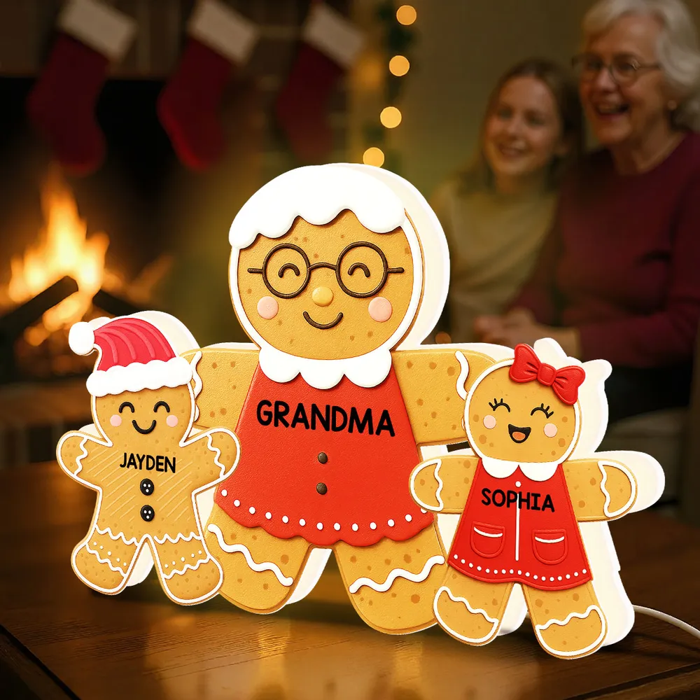 Acrylic Light Box - Gingerbread Grandma & Grandkids, Custom, Christmas Decor, Warm Glow Keepsake, Unique Gift for Grandma - Image 2