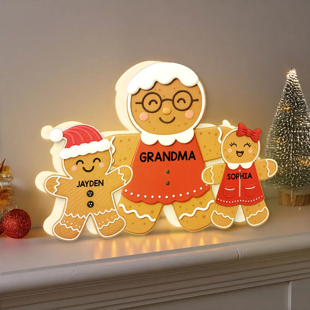 Acrylic Light Box - Gingerbread Grandma & Grandkids, Custom, Christmas Decor, Warm Glow Keepsake, Unique Gift for Grandma - Image 5