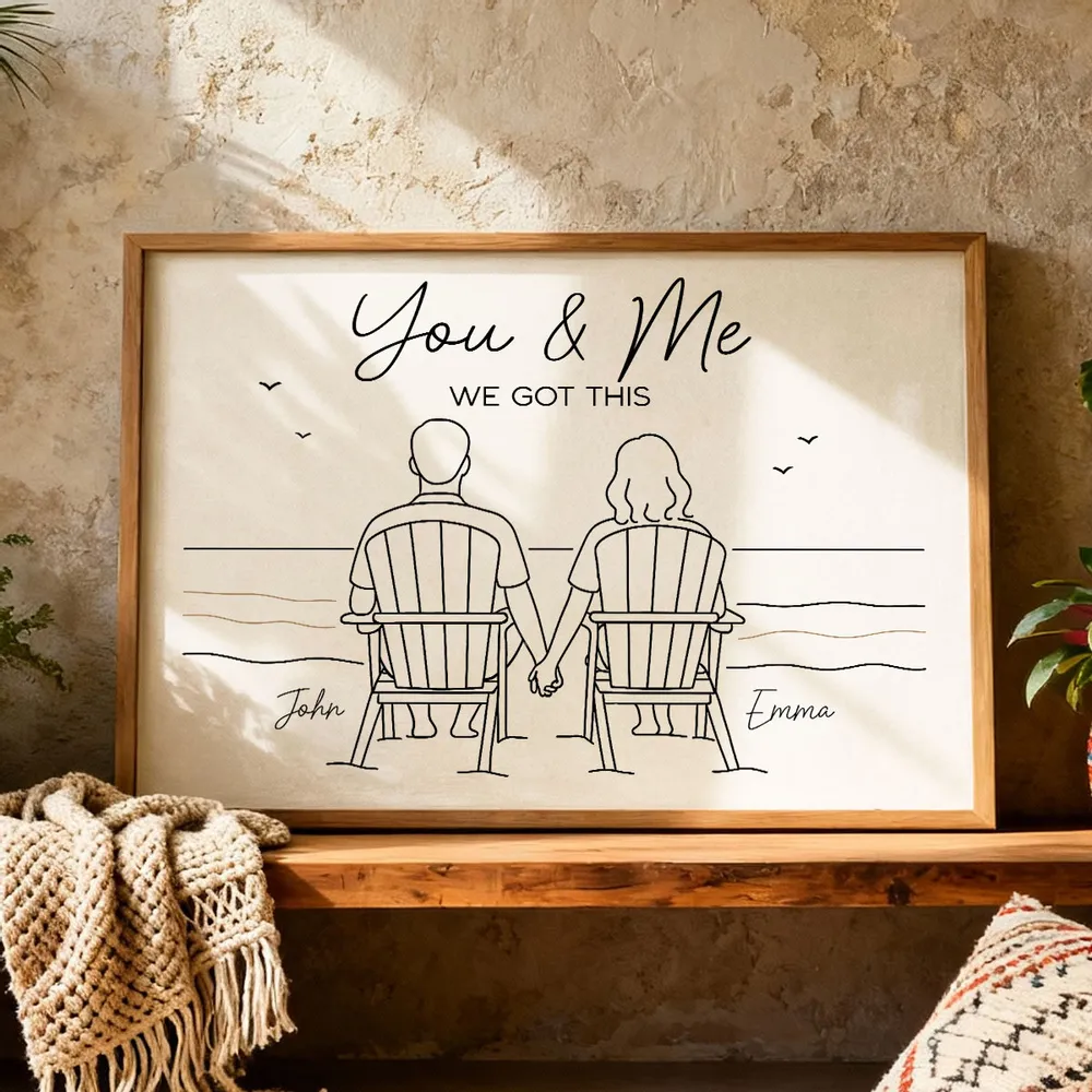 Custom Line Art Beach Poster – Holding Hands Couple Illustration, Add Names, Perfect Anniversary or Valentine’s Gift - Image 3