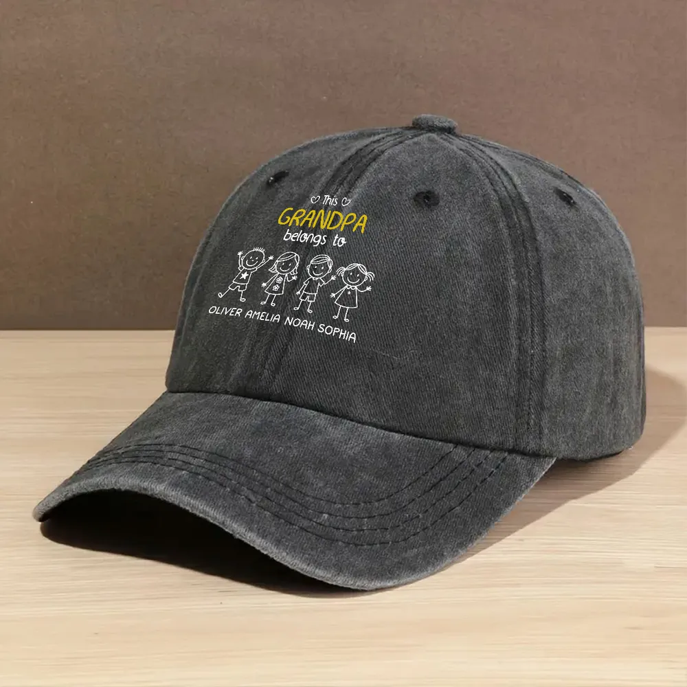 Washed Denim Baseball Cap with Stick-Figure Grandkids Art, Vintage Adjustable, Breathable - a Unique Gift for Grandpa - Image 2