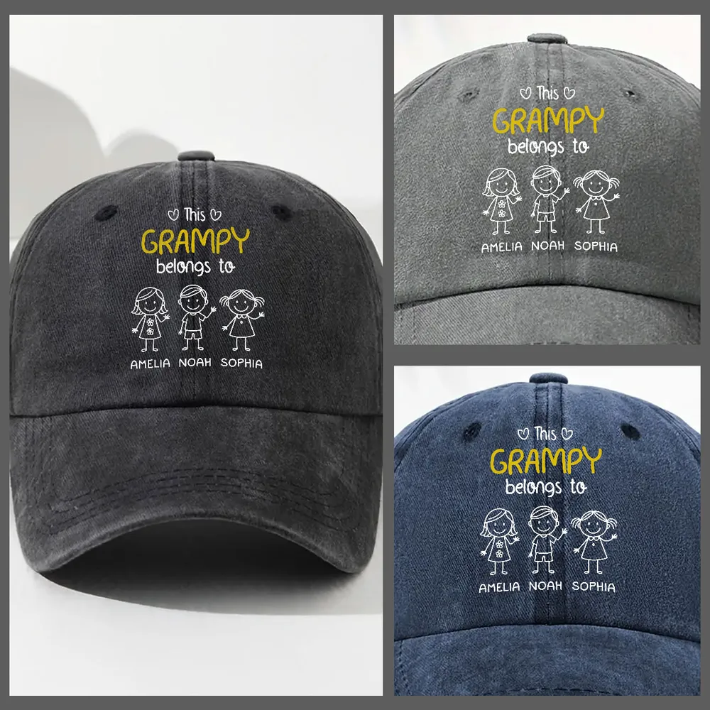 Washed Denim Baseball Cap with Stick-Figure Grandkids Art, Vintage Adjustable, Breathable - a Unique Gift for Grandpa - Image 3