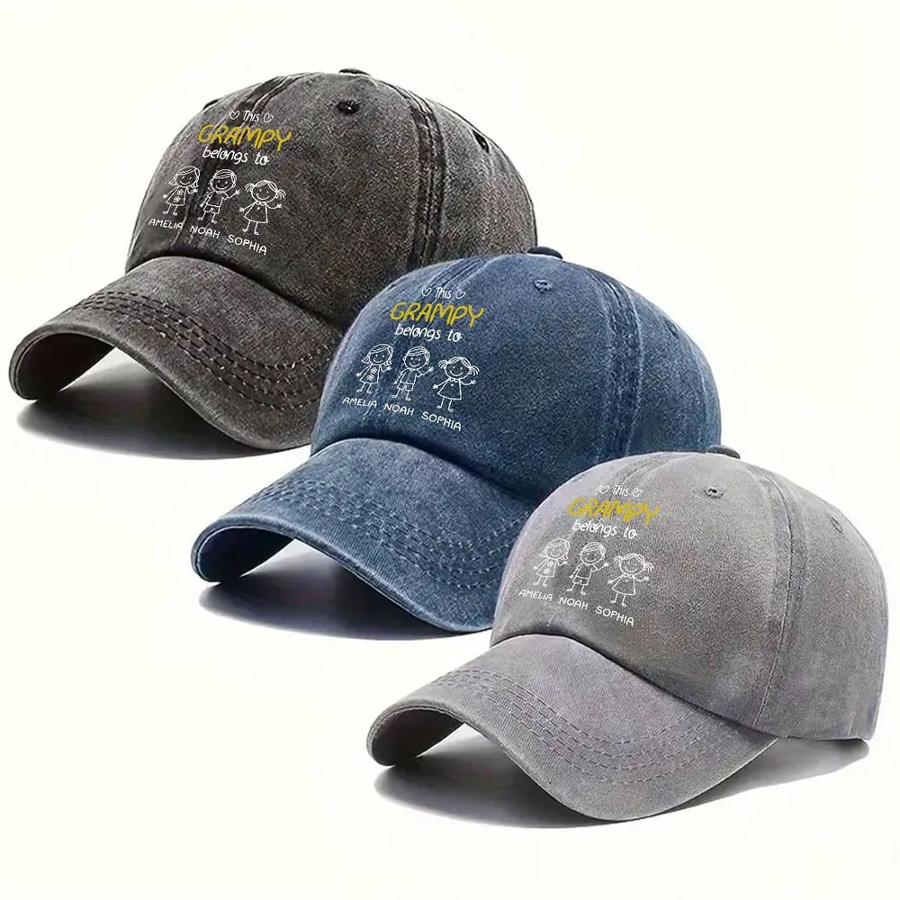 Washed Denim Baseball Cap with Stick-Figure Grandkids Art, Vintage Adjustable, Breathable - a Unique Gift for Grandpa - Image 4