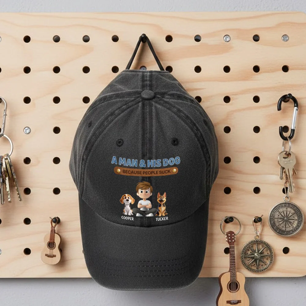 Personalized Washed Denim Baseball Cap for Dog & Cat Dads, Funny Cartoon Design, Casual Outdoor Wear, Unique Gift for Pet Lovers - Image 3