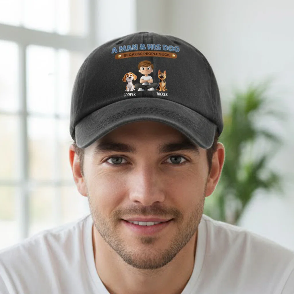 Personalized Washed Denim Baseball Cap for Dog & Cat Dads, Funny Cartoon Design, Casual Outdoor Wear, Unique Gift for Pet Lovers - Image 5