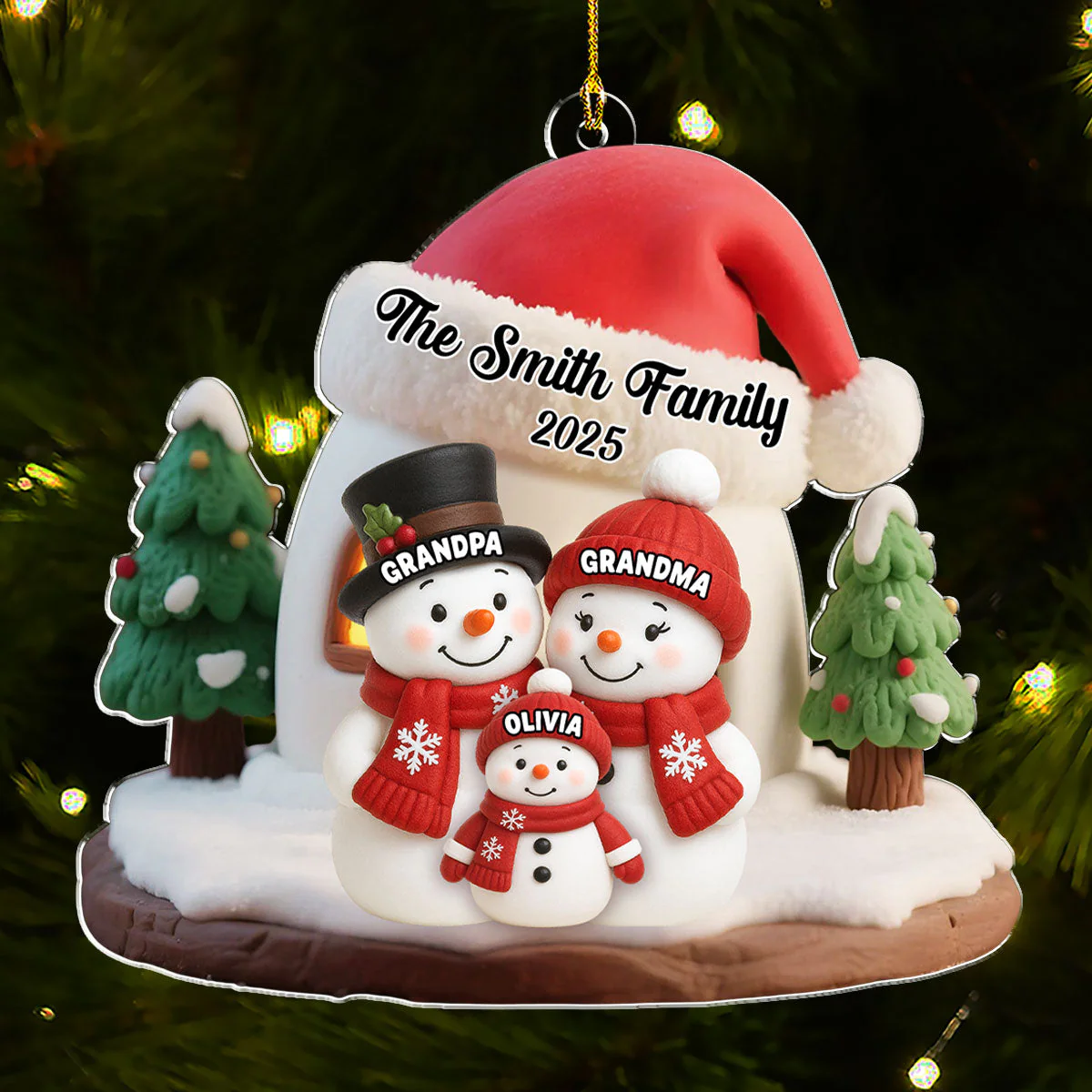 Snowman Family Ornament - Personalized Acrylic, Cozy Winter Scene, Unique Christmas Gift for Grandparents or Parents - Image 4
